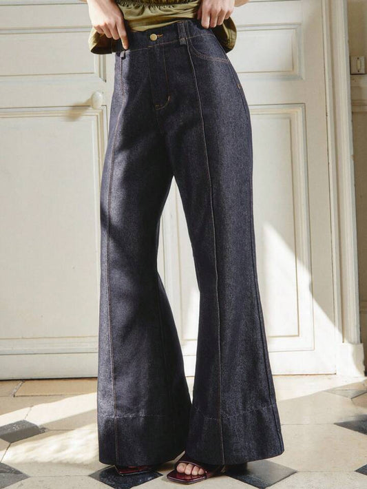 CM-BS339601 Women Casual Seoul Style Dark Wash Seam Front Detail High Waist Flare Denim Jeans