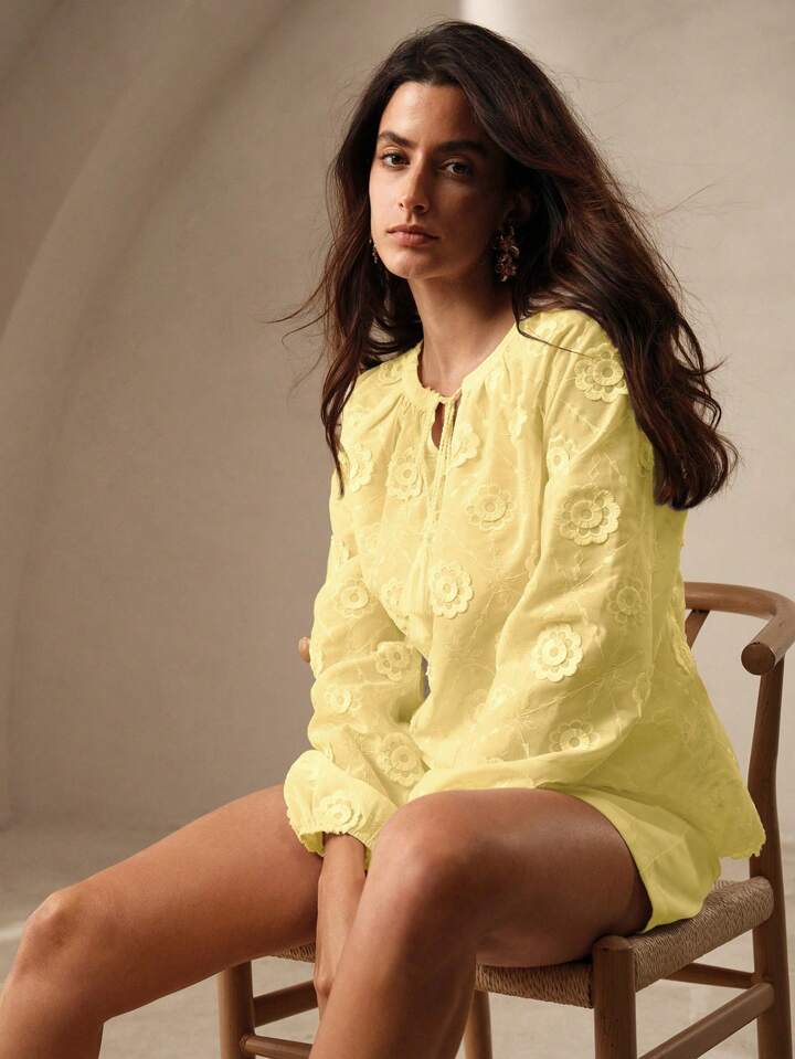 CM-TS767445 Women Trendy Bohemian Style V-Neck Tie Front Long Sleeve Floral Print Shirt - Yellow