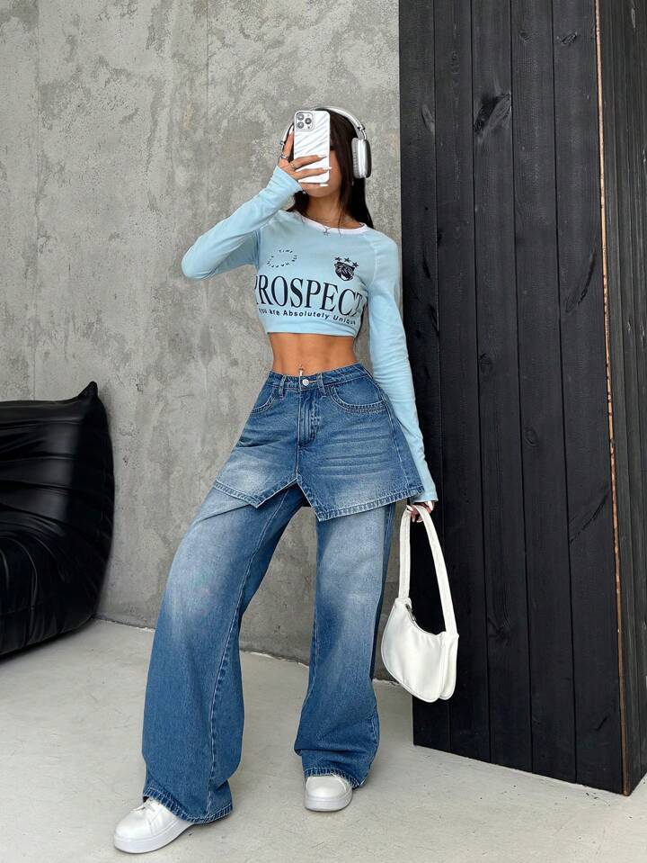 CM-BS529987 Women Casual Seoul Style Medium Wash Fake Two Piece Flares Loose Jeans