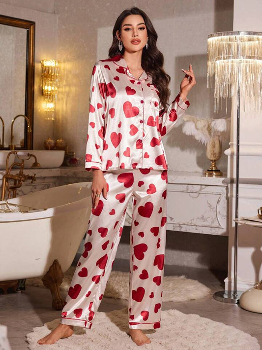 CM-LS986023 Women Trendy Seoul Style Heart Print Faux Silk Lapel Cardigan With Long Pants Pajama Set
