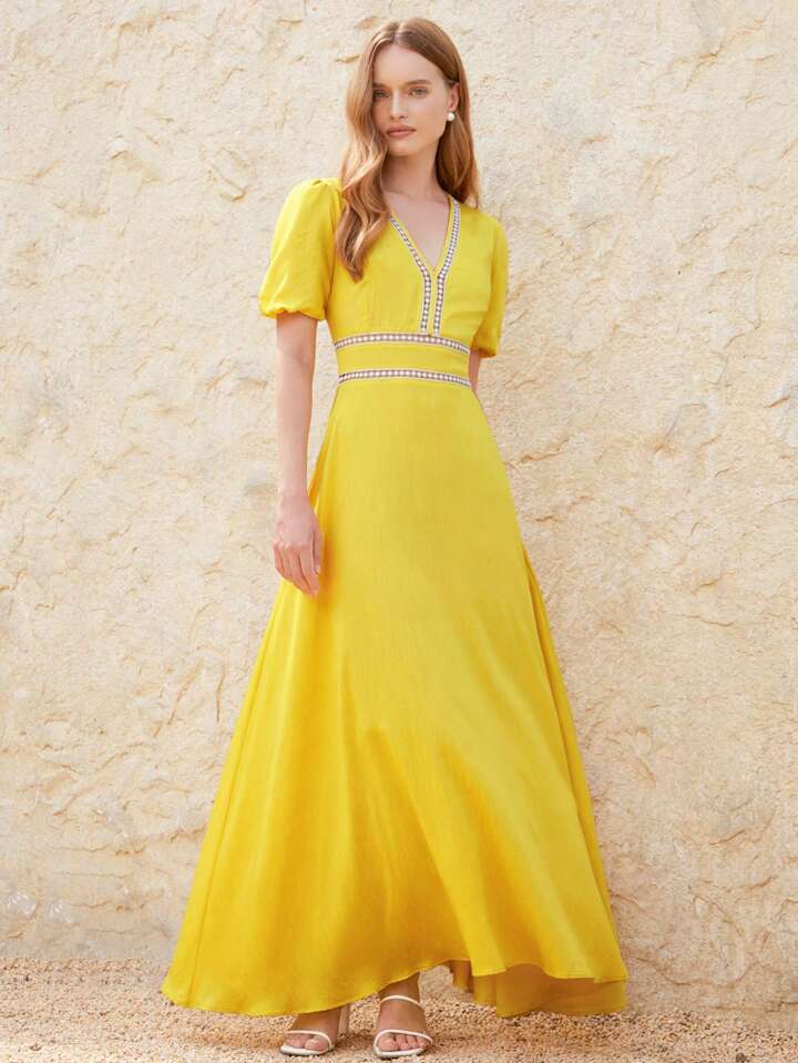 CM-DS142917 Women Elegant Seoul Style Knot V-Neck Patchwork Ruffle Trim Short Sleeve Dress - Yellow