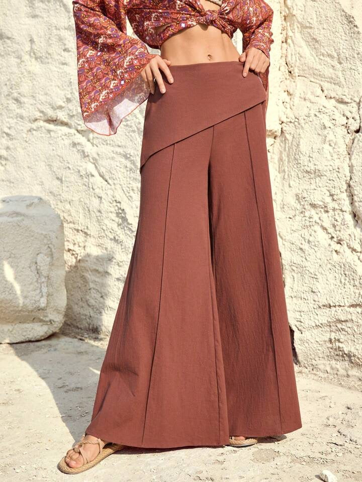 CM-BS966696 Women Trendy Bohemian Style High Waist Flared Trousers - Coffee Brown