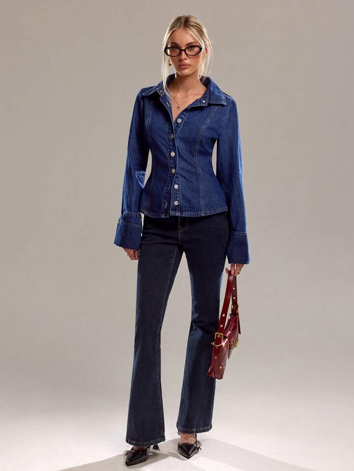 CM-CS618251 Women Casual Seoul Style Collar Neckline Single Breasted Long Sleeve Denim Jacket - Blue