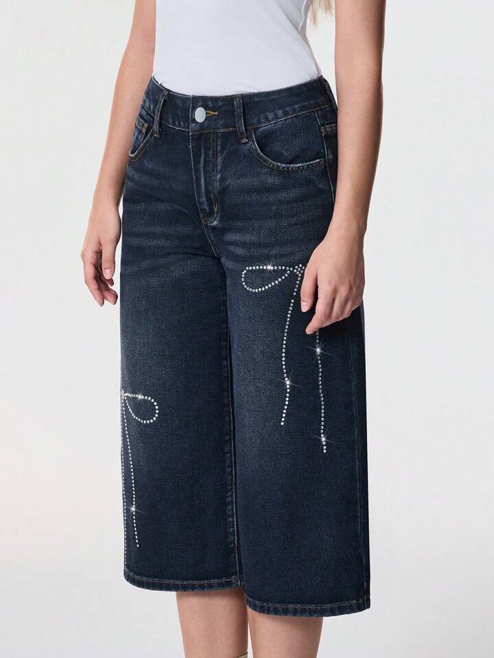 CM-BS709253 Women Casual Seoul Style Rhinestone Sequin Polka Dot Bow Loose Fit Jeans - Blue