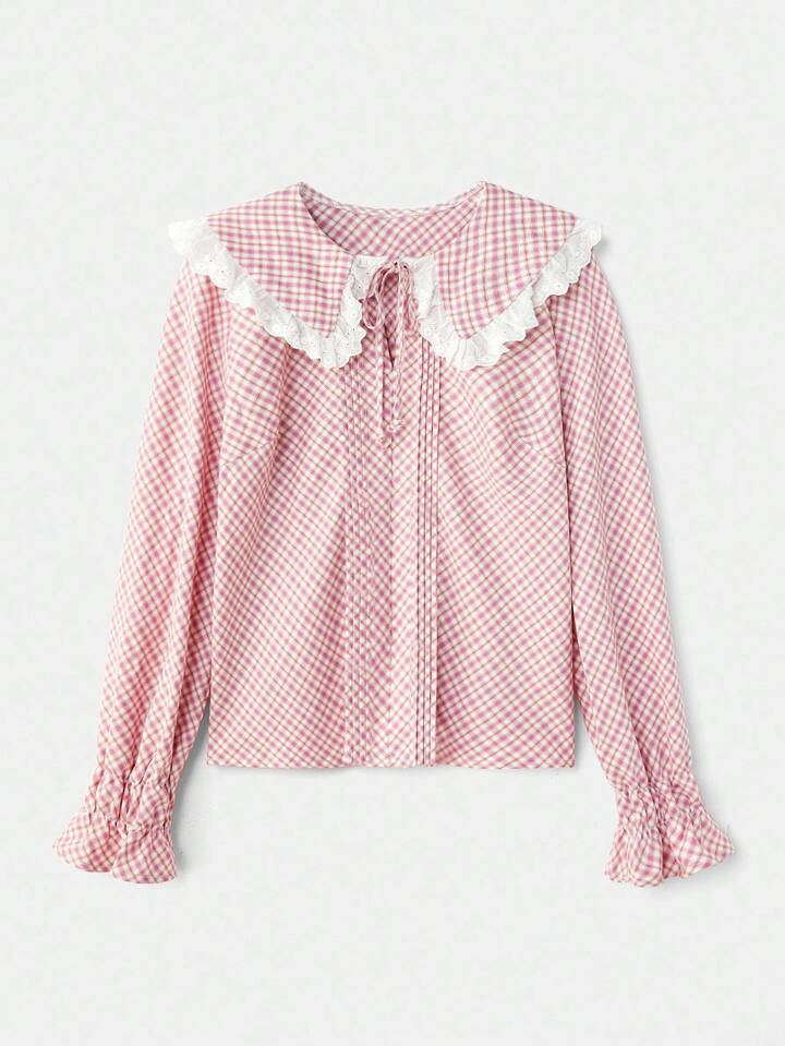 CM-TS124165 Women Casual Seoul Style Lace-Trimmed Peter Pan Collar Ruched Long Sleeve Gingham Blouse - Pink
