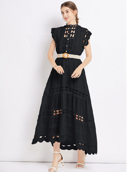 CM-DF051639 Women Elegant European Style Elastic Waist Hollow Out Maxi Dress (Available in 2 colors)
