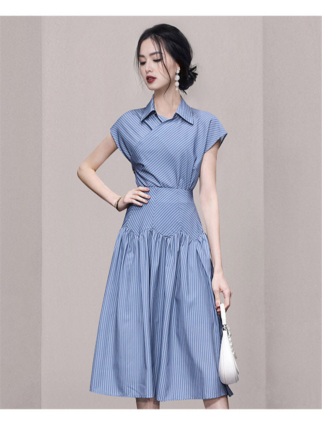 CM-SF051901 Women Casual Seoul Style Shirt Collar High Waist Stripes Dress Set