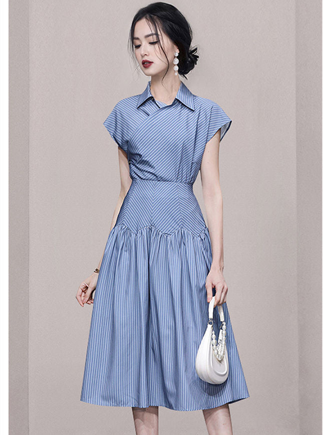 CM-SF051901 Women Casual Seoul Style Shirt Collar High Waist Stripes Dress Set