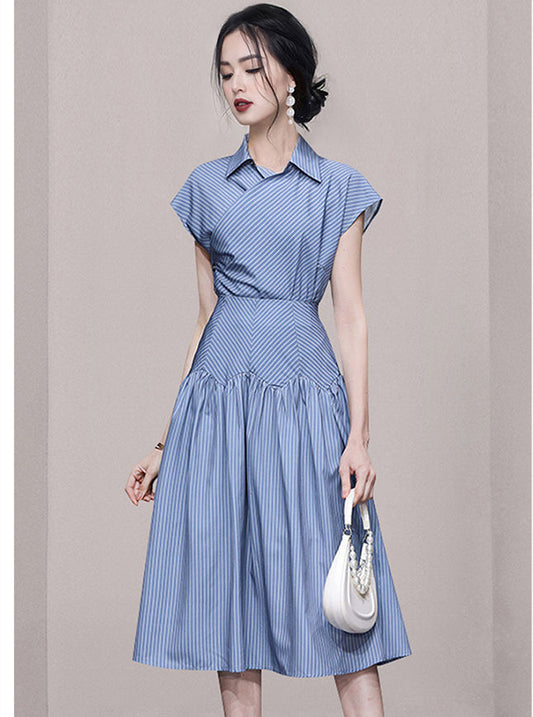 CM-SF051901 Women Casual Seoul Style Shirt Collar High Waist Stripes Dress Set