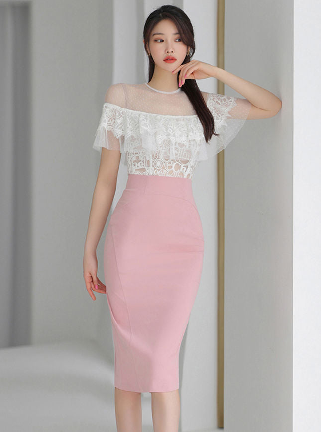 CM-SF051905 Women Charming Seoul Style Lace Boat Neck Blouse With Slim Midi Skirt - Set