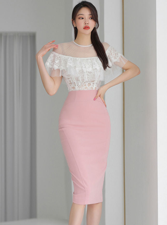 CM-SF051905 Women Charming Seoul Style Lace Boat Neck Blouse With Slim Midi Skirt - Set