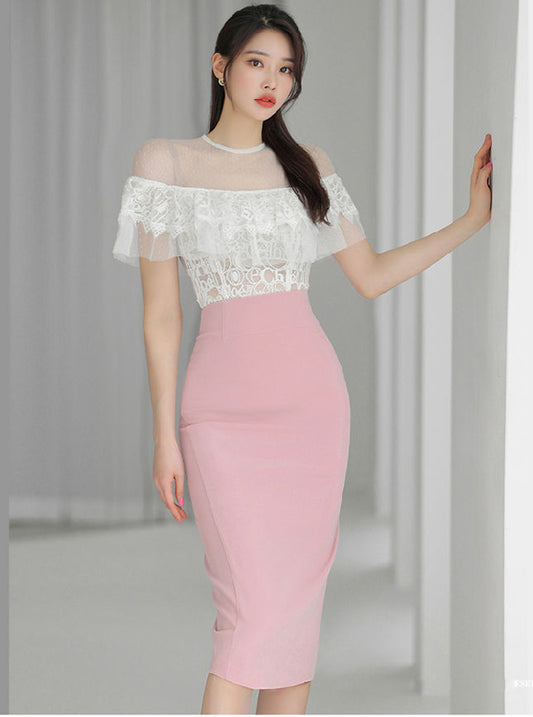 CM-SF051905 Women Charming Seoul Style Lace Boat Neck Blouse With Slim Midi Skirt - Set