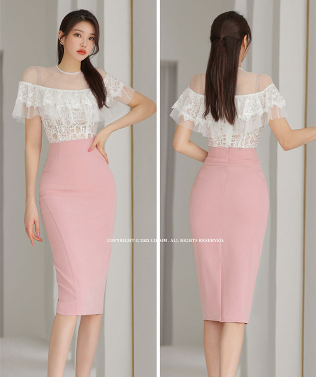 CM-SF051905 Women Charming Seoul Style Lace Boat Neck Blouse With Slim Midi Skirt - Set