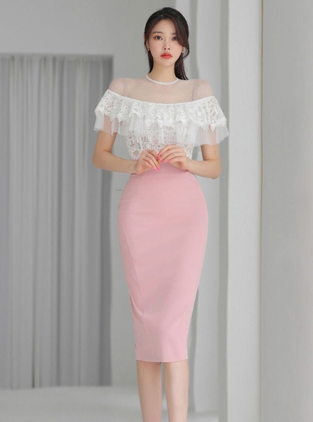 CM-SF051905 Women Charming Seoul Style Lace Boat Neck Blouse With Slim Midi Skirt - Set