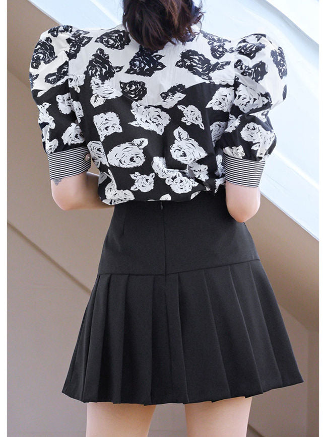 CM-SF051907 Women Elegant Seoul Style Floral Puff Sleeve Blouse With Pleated Skirt - Set