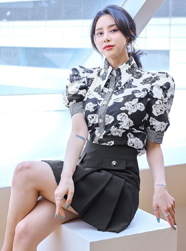 CM-SF051907 Women Elegant Seoul Style Floral Puff Sleeve Blouse With Pleated Skirt - Set