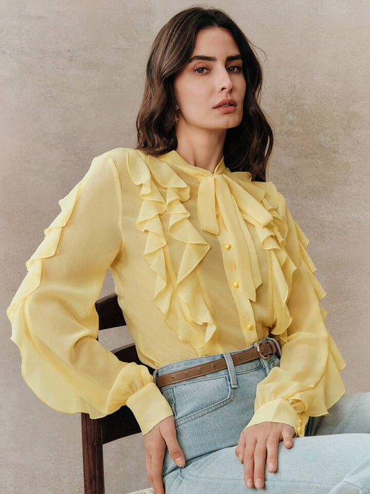 CM-TS521178 Women Elegant Seoul Style Minimalist Tie-Front Ruffle Trim Long Sleeve Blouse - Yellow