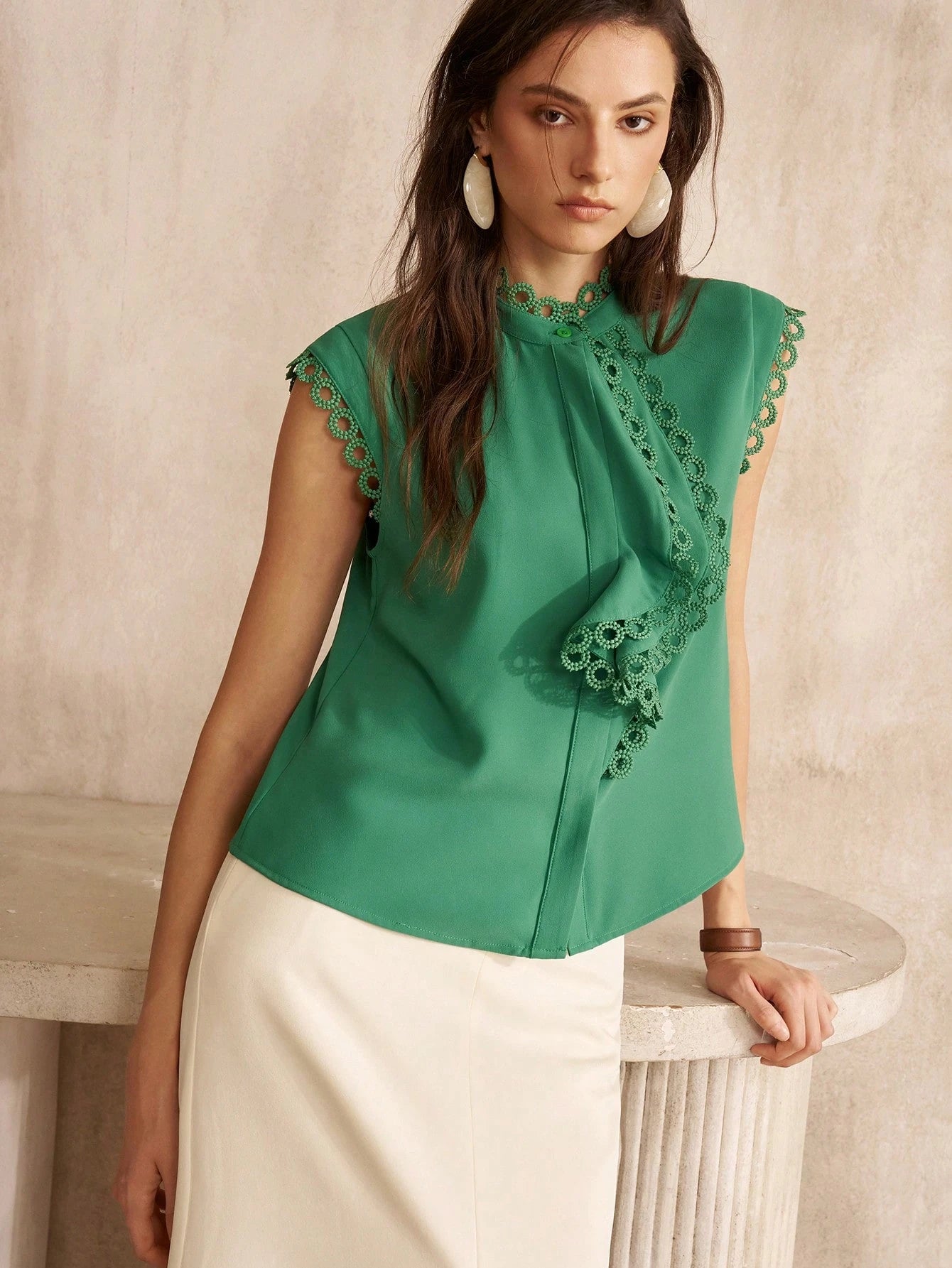 CM-TS410668 Women Elegant Seoul Style Stand Collar Flounce Sleeve Chiffon Contrast Lace Blouse - Green