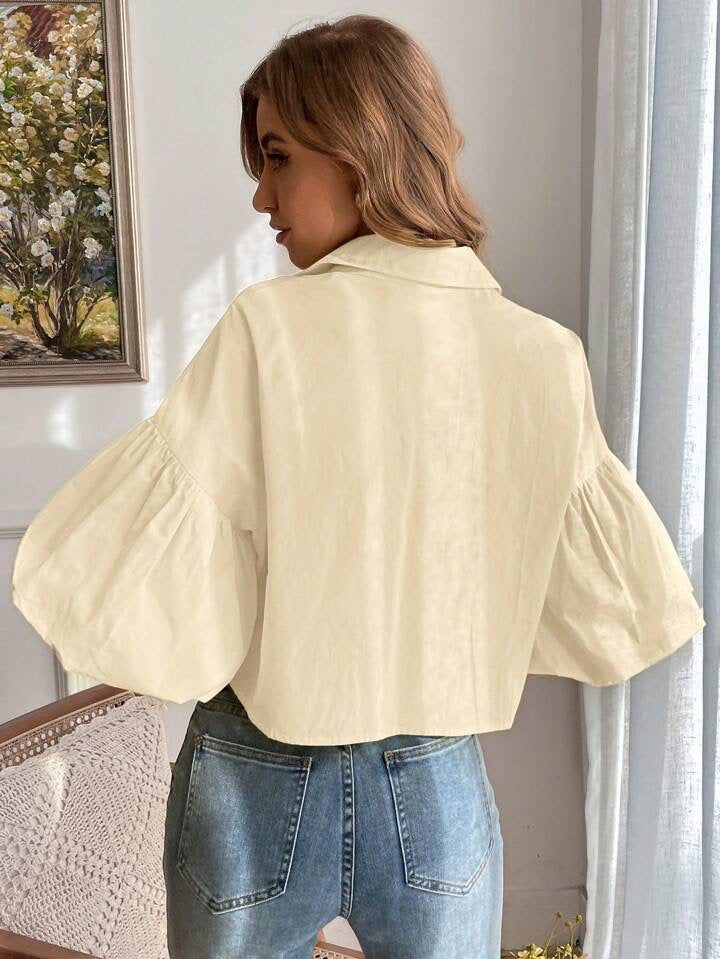 CM-TS082009 Women Casual Seoul Style Drop Bishop Sleeve Single Breasted Blouse - Beige