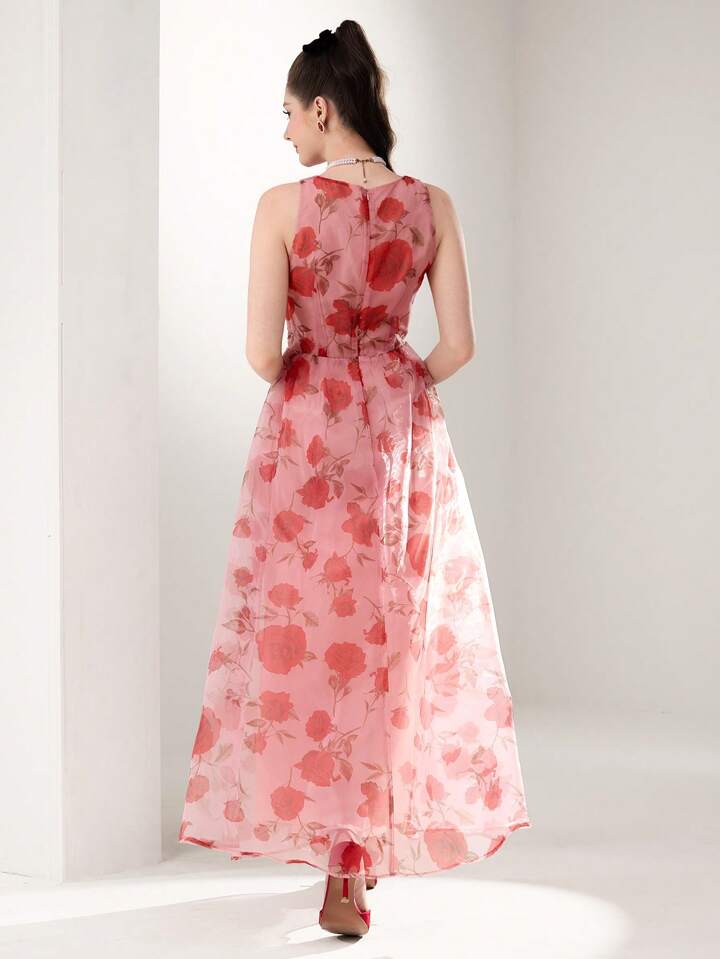 CM-DS549425 Women Elegant Seoul Style V-Neck Sleeveless Floral Print Semi-Sheer Mesh Long Dress