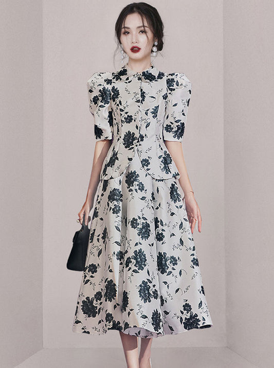 CM-SF052411 Women Retro Seoul Style Floral High Waist Puff Sleeve Dress Set