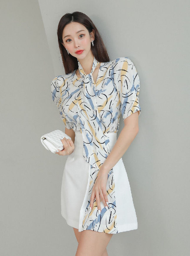 CM-SF052526 Women Casual Seoul Style Tie Collar Floral Blouse With Pleated Skirt - Set