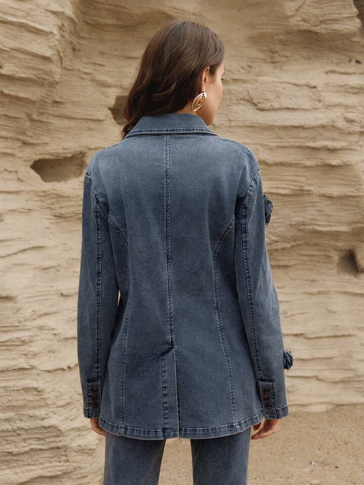 CM-CS412231 Women Elegant Seoul Style Lapel Neckline Single-Breasted Loose Fit Denim Jacket - Blue