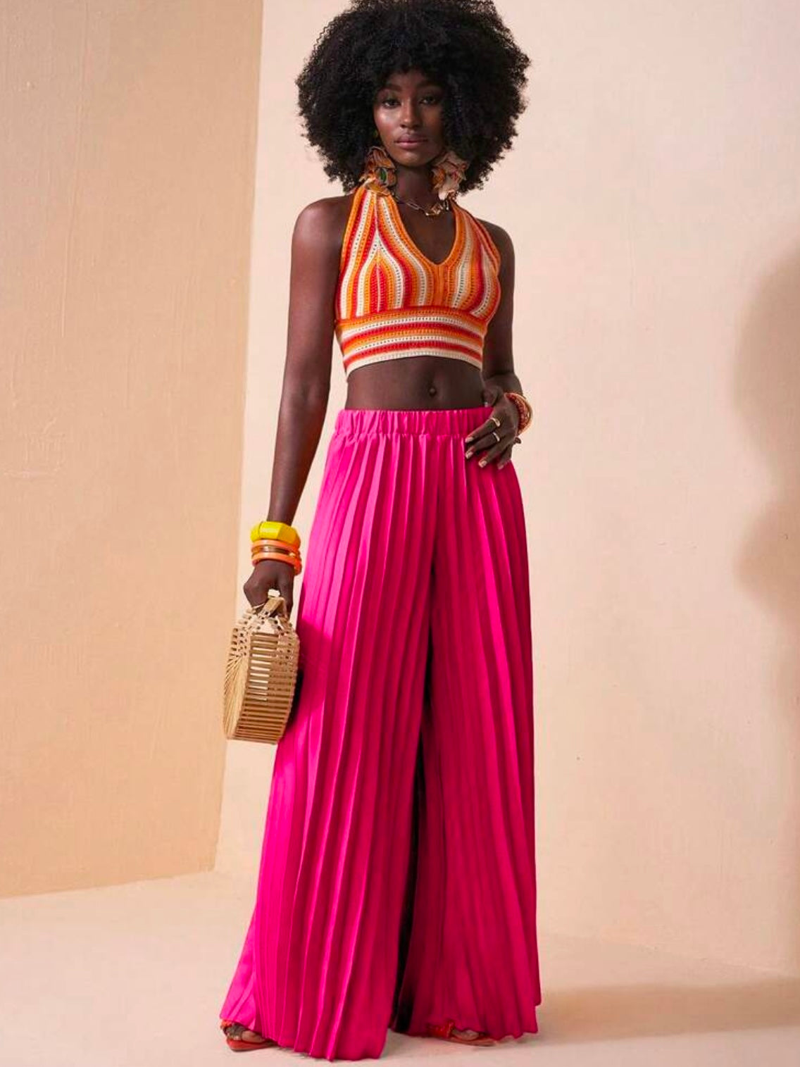 CM-BS843736 Women Trendy Bohemian Style Elastic Waist Pleated Large Hem Extra Long Wide Leg Pants - Hot Pink