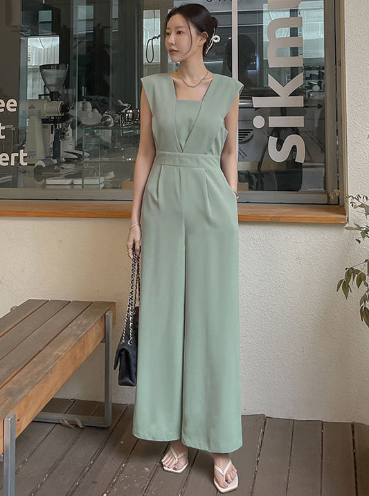 CM-JF052820 Women Elegant Seoul Style High Waist Wide-Leg Sleeveless Long Jumpsuit