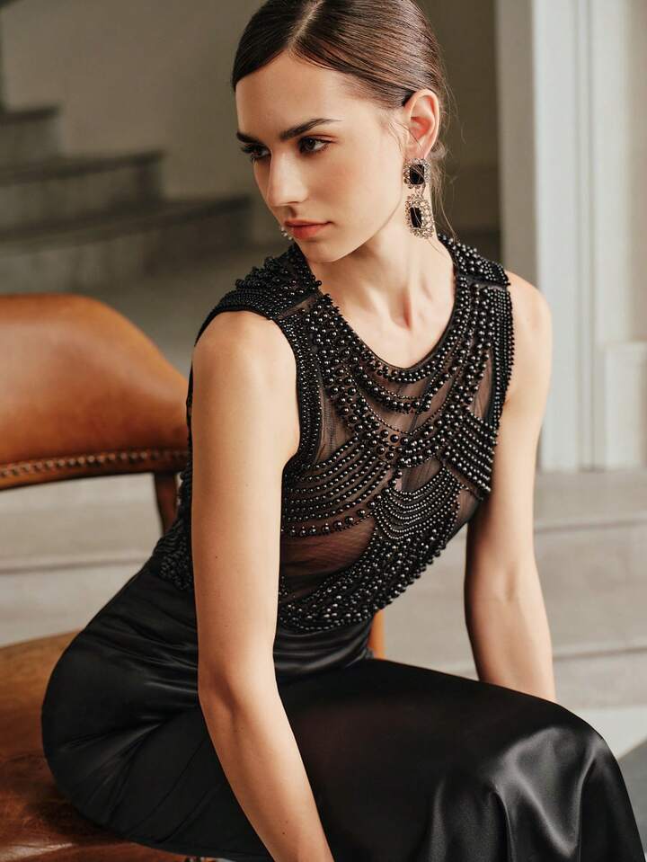 CM-TS159266 Women Elegant Seoul Style Round Neck Sleeveless Hollow Out Beaded Sleeveless Top