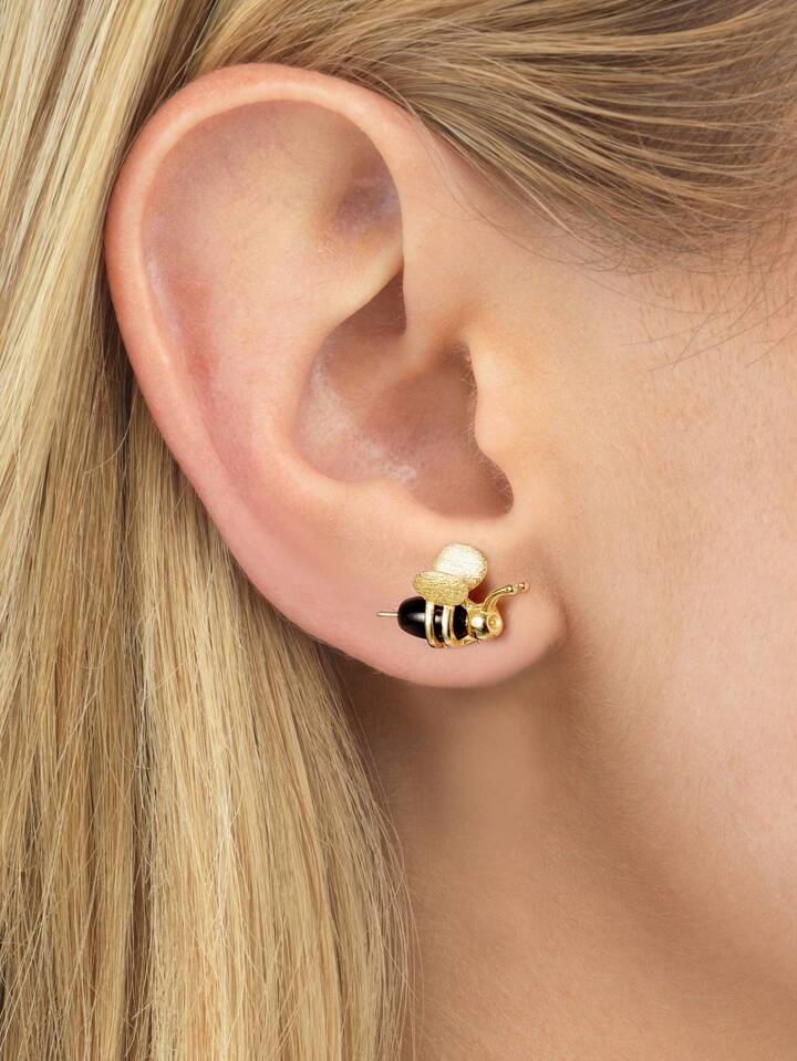 CM-AE727292 925 Sterling Silver Bee and Honey Asymmetric Stud Earrings - Yellow Gold