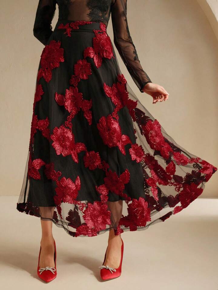 CM-BS333321 Women Elegant Seoul Style Floral Embroidery Mesh High Waist A-Line Skirt