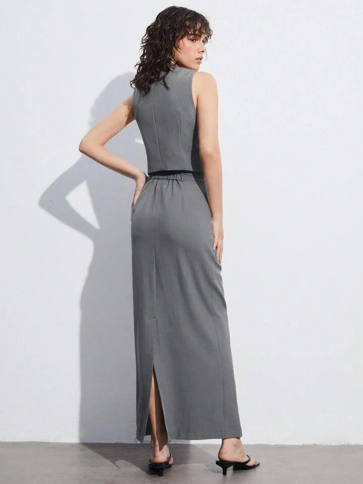 CM-SS116177 Women Elegant Seoul Style V-Neck Single-Breasted Suit Vest With Skirt Suit - Light Gray