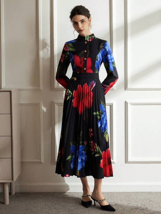 CM-DS903060 Women Retro Seoul Style Floral Print Stand Colla Metal Buttons Pleated Hem Dress