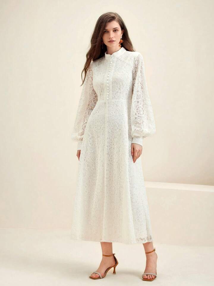 CM-DS287289 Women Elegant Seoul Style Lace Mandarin Collar Long Sleeve A-Line Dress - White