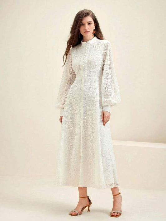 CM-DS287289 Women Elegant Seoul Style Lace Mandarin Collar Long Sleeve A-Line Dress - White