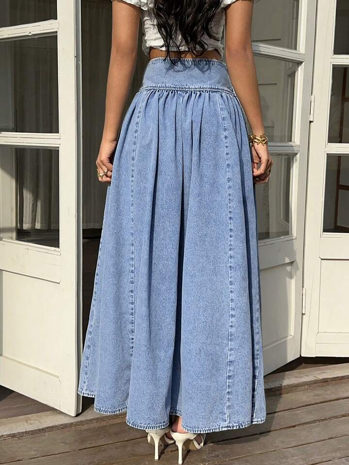 CM-BS244233 Women Casual Seoul Style Solid Color High Waist Pleated Long Denim Skirt - Blue