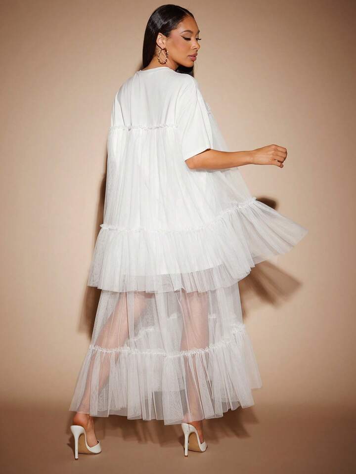 CM-DS261298 Women Elegant Seoul Style Round Neck Short Sleeve Contrast Mesh Tulle Tiered Maxi Dress - White