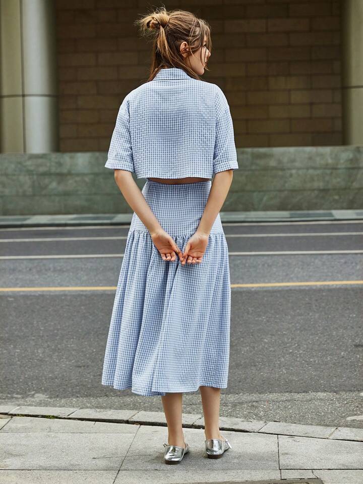 CM-SS327706 Women Casual Seoul Style Striped Print Front Button Short Sleeve Top With Ruffle Hem Skirt - Set
