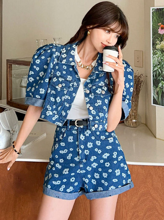 CM-SF060501 Women Preppy Seoul Style High Waist Floral Puff Sleeve Denim Jacket With Short - Set