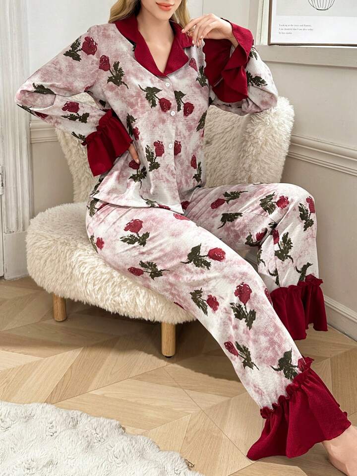 CM-LS114412 Women Trendy Seoul Style Colorblock Ruffle Collar Bubble Crepe Floral Print Sleepwear Set