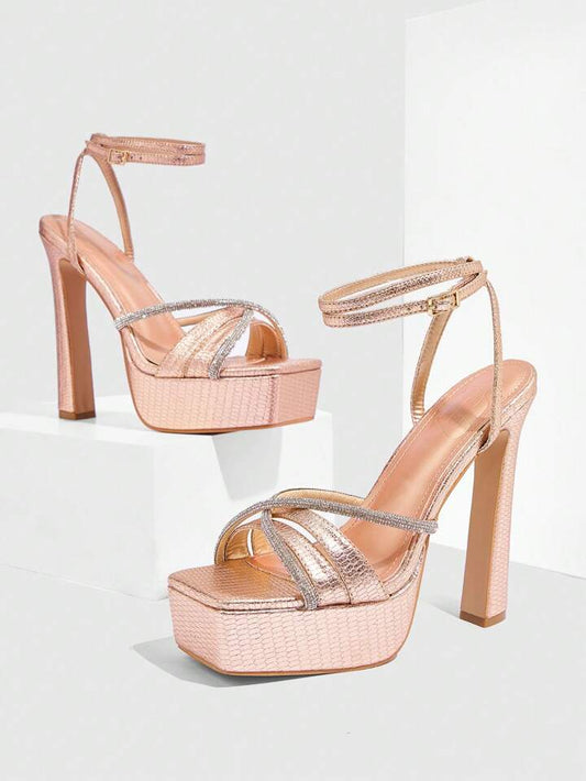 CM-SHS817996 Women Trendy Seoul Style Round Toe Chunky Knotted Detail High Heel Sandals - Rose Gold