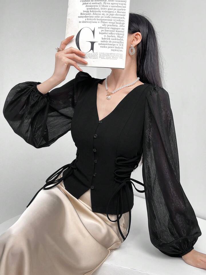 CM-TS854985 Women Elegant Seoul Style Sheer V-Neck Puff Lantern Sleeves Lace-Up Detail Blouse - Black
