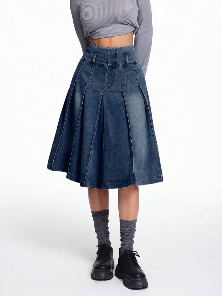 CM-BS434184 Women Casual Seoul Style Dark Wash Knee Length Denim A-Line Pleated Skirt