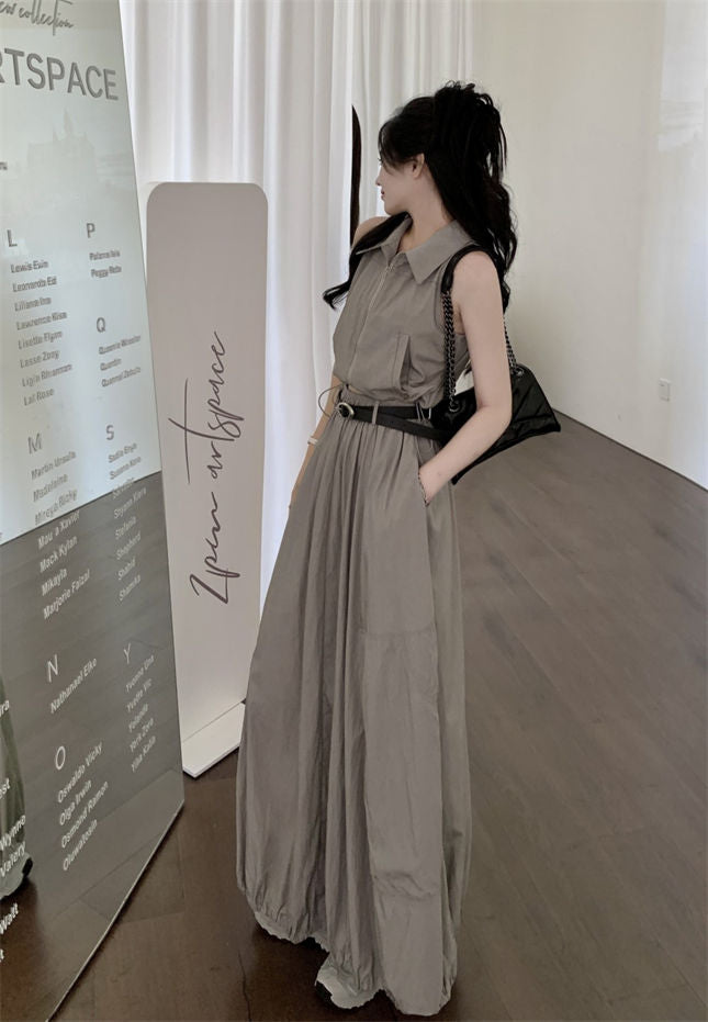 CM-SF061519 Women Casual Seoul Style Zipper Shirt Collar High Waist Dress Set (Available in 2 colors)