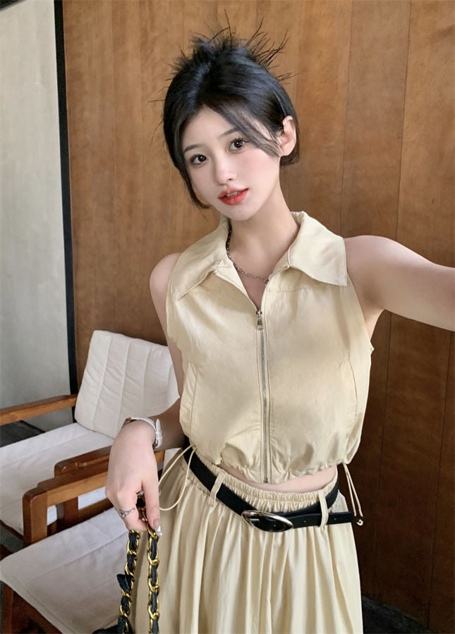 CM-SF061519 Women Casual Seoul Style Zipper Shirt Collar High Waist Dress Set (Available in 2 colors)