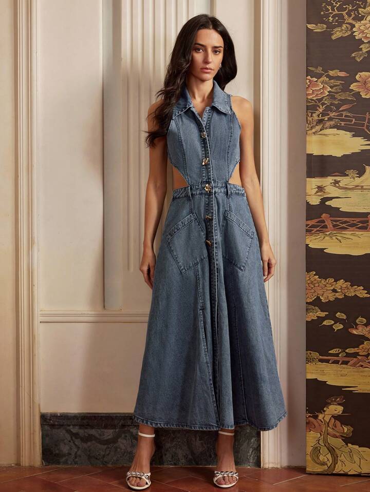 CM-DS760601 Women Casual Seoul Style Collar Neckline Sleeveless High Waist Denim Dress - Blue