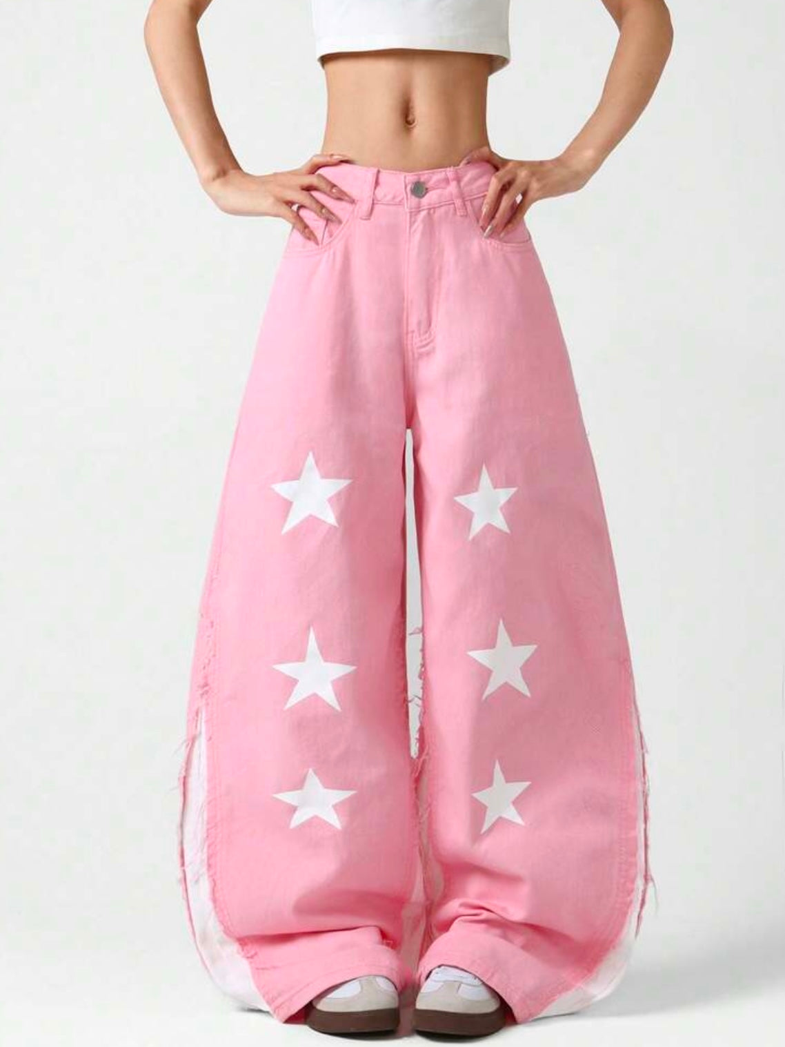 CM-BS311893 Women Casual Seoul Style Mid Waist Printed Patchwork Loose Wide Leg Denim Jeans - Pink