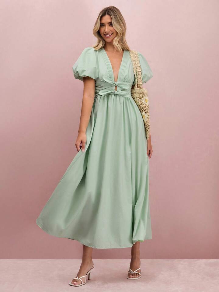 CM-DS406945 Women Elegant Seoul Style Pleated V-Neck Puff Sleeve Bowknot Maxi Dress - Mint Green