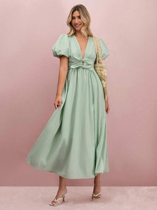 CM-DS406945 Women Elegant Seoul Style Pleated V-Neck Puff Sleeve Bowknot Maxi Dress - Mint Green